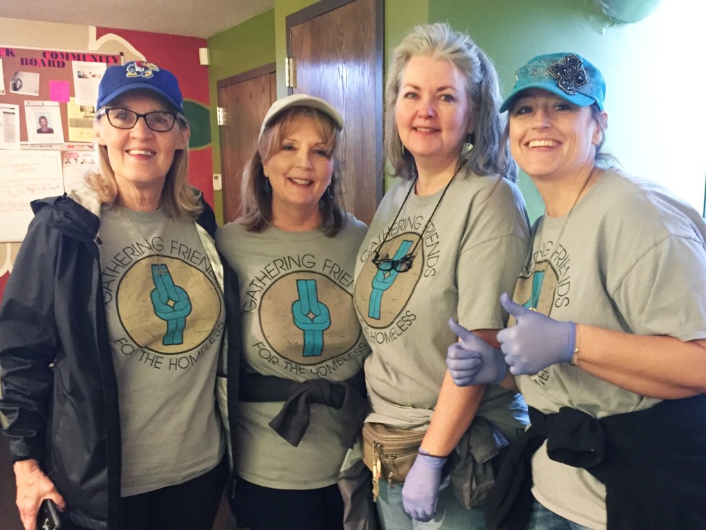 Lynda Bain, Melinda Welch, Tracy Christensen, Katrin Scott serving at Kansas City Community Kitchen in 2017.